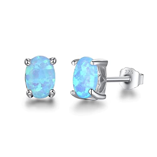 Bellitia Jewelry Damen Blaue Opal Ohrstecker 925 Sterling Silber Oval Ohrstecker Opal Hypoallergen Ohrringe Schmuck Geschenke für Damen Mädchen von Bellitia Jewelry