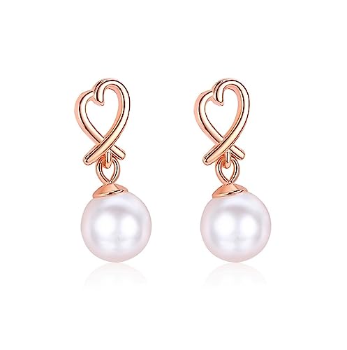 Bellitia Jewelry Damen Herz Ohrringe Hängend mit Echten Süßwasserperlen, 925 Sterling Silber Rhodiniert/Rosévergoldet Dangle Hypoallergen Tropfen Ohrringe für Frauen Mädchen von Bellitia Jewelry