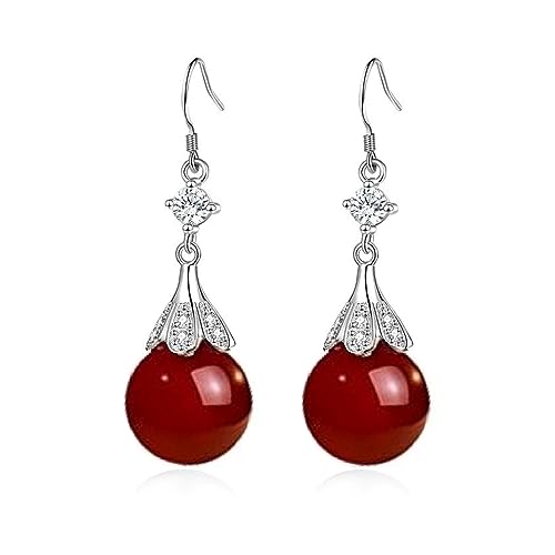 Bellitia Jewelry Damen Ohrringe Hängend mit echten Süßwasserperlen/Grüne Onyx/Roter Onyx, 925 Sterling Silber Dangle Simulierte Diamant Hypoallergen Haken Ohrringe für Frauen Mädchen, 12mm von Bellitia Jewelry