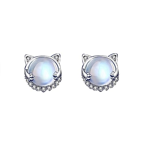 Bellitia Jewelry Damen Ohrringe Sterling Silber 925 Mondstein & Zirkonia Ohrstecker, Katze Tier Ohrringe Katze Mondstein Ohrschmuck Geburtstag Geschenke für Frauen Mädchen von Bellitia Jewelry