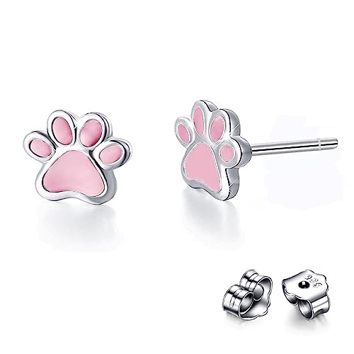 Bellitia Jewelry Damen Rosa/Schwarz Pfoten Ohrringe 925 Sterling Silber Katzen Ohrstecker Pfötchen Hund Haustier Schmuck Geschenke für Frauen Mädchen von Bellitia Jewelry