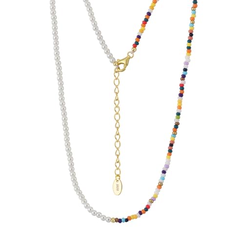 Bellitia Jewelry Dopamin Motiv Böhmen Kette 925 Silber Vergoldet Damen Bunte Halskette Boho Kette Perlenkette Schmuck Boho Style von Bellitia Jewelry