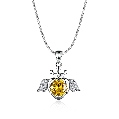 Bellitia Jewelry Halskette Damen Flügel Anhänger Engel Symbol aus 925 Sterling Silber, Engel Kette mit Geburtsstein Citrin Schmuck Geschenke für Frauen Mädchen von Bellitia Jewelry