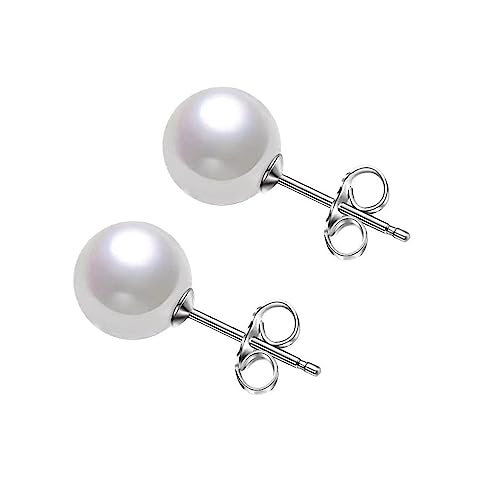 Bellitia Jewelry Hypoallergen Damen Süßwasserperlen Ohrringe Runde 925 Sterling Silber Echt Perlenohrringe Stecker für Damen Weißen Süßwasser-Zuchtperlen Ohrringe Ohrstecker 6MM 8MM 10MM von Bellitia Jewelry