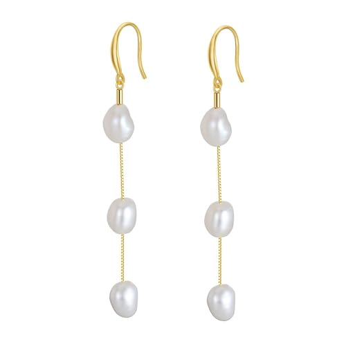 Bellitia Jewelry Mode 925 Sterling Silber Perlen Ohrringe Lange Süßwasserperlen Quaste Ohrringe Gold Perlenkette Ohrringe Lineare Barockperlen Ohrringe Hochzeit Damen Baumeln Ohrschmuck von Bellitia Jewelry
