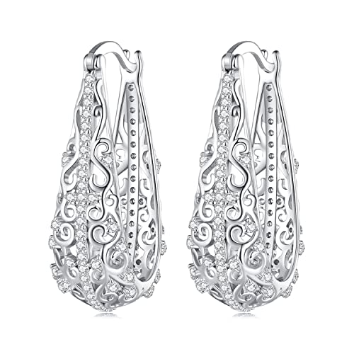 Bellitia Jewelry Modeschmuck Filigran Ohrringe Creolen Tropfenohrringe aus 925 Sterling Silber Platiniert, Vintage Creolen Geschnitzte Blume Hohle Ohrringe Feiner Zirkonia Schmuck für Frauen Damen Bellitia Jewelry Modeschmuck Filigran Ohrringe Creolen Tropfenohrringe aus 925 Sterling Silber Platiniert, Vintage Creolen Geschnitzte Blume Hohle Ohrringe Feiner Zirkonia Schmuck für Frauen Damen von Bellitia Jewelry