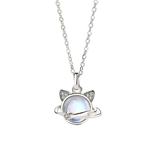 Bellitia Jewelry Mondstein Kosmische Katze Halskette Platiniert 925 Sterling Silber Tier Katze Kette Mondstein Anhänger Halskette Schmuck Geschenke für Damen Mädchen von Bellitia Jewelry