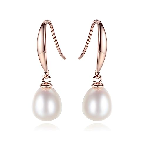 Bellitia Jewelry Perlenohrringe Silber Ohrhänger Dangle Ohrringe Damen Rosévergoldet Silber 925 Tropfen Haken Ohrringe mit Perlen, Perlenohrschmuck Hängend mit Echten Süßwasserperlen von Bellitia Jewelry