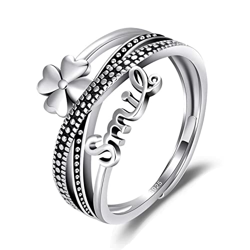 Bellitia Jewelry Platiniert 925 Sterling Silber Mehrschichtige Verstellbare Ringe mit Kreuz Design für Frauen Damen, Vintage Inspirierender Ring mit Kleeblatt von Bellitia Jewelry
