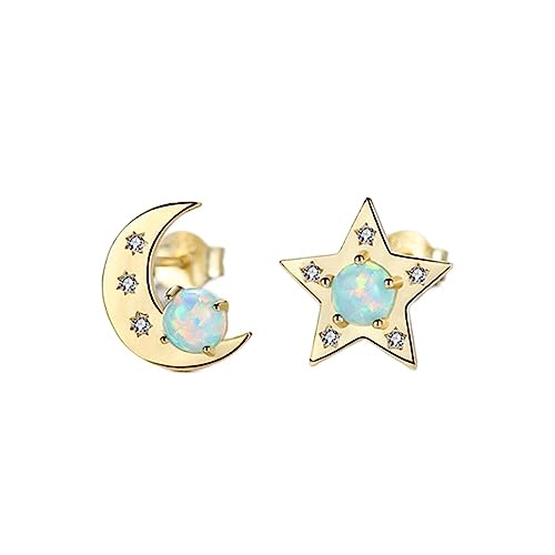 Bellitia Jewelry Vergoldet 925 Sterling Silber Stern Mond Ohrstecker für Frauen Kleine Moon Star Ohrringe Hypoallergen mit Grün/Blau Opal & Zirkonia von Bellitia Jewelry