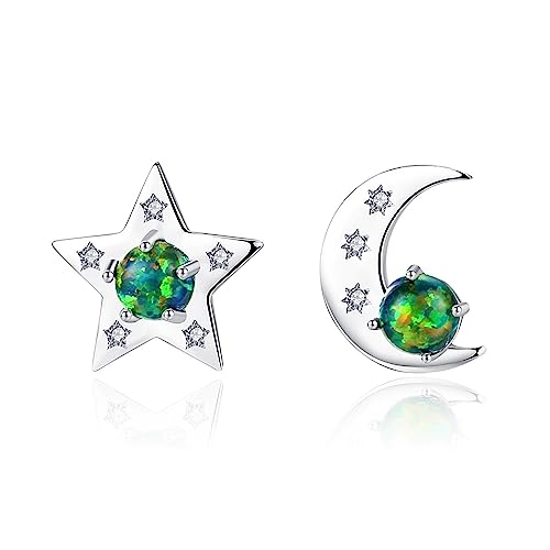 Bellitia Jewelry Vergoldet 925 Sterling Silber Stern Mond Ohrstecker für Frauen Kleine Moon Star Ohrringe Hypoallergen mit Grün/Blau Opal & Zirkonia von Bellitia Jewelry