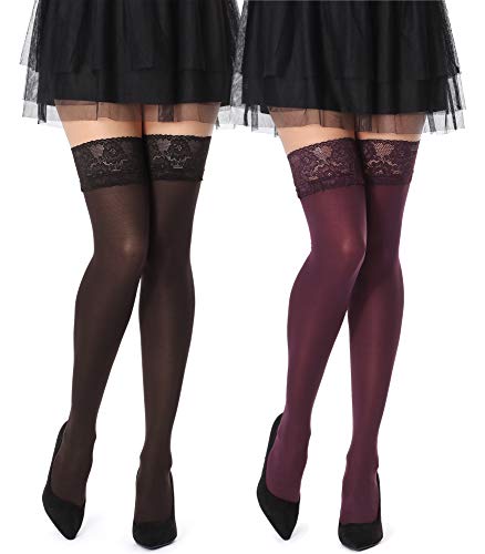 Bellivalini Damen Halterlose Mikrofaser 2 Pack 40 DEN Strümpfe mit Spitze BLVFI1004 (Schwarz/Bordeaux (2Pack), XS/S (Herstellergröße: 1/2)) von Bellivalini