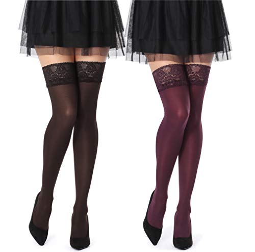 Bellivalini Damen Halterlose Mikrofaser 2 Pack 60 DEN Strümpfe mit Spitze BLVFI1005 (Schwarz/Bordeaux (2Pack), XS/S (Herstellergröße: 1/2)) von Bellivalini