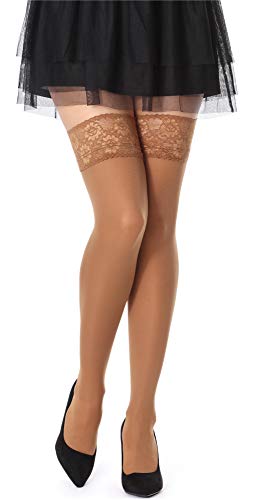 Bellivalini Damen Halterlose Strümpfe Mikrofaser mit Spitze Blumen Muster 60 DEN BLVFI1005 (Tan, XS/S (Herstellergröße: 1/2)) von Bellivalini
