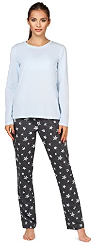 Bellivalini Damen Schlafanzug lang Pyjama Langarm Lange Hose Rundhalsausschnitt Muster Sterne bunt BLV50-167(Blau Graphite Sterne, M) von Bellivalini