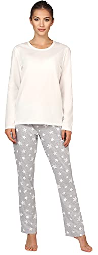 Bellivalini Damen Schlafanzug lang Pyjama Langarm Lange Hose Rundhalsausschnitt Muster Sterne bunt BLV50-167(Creme Melange Sterne, L) von Bellivalini