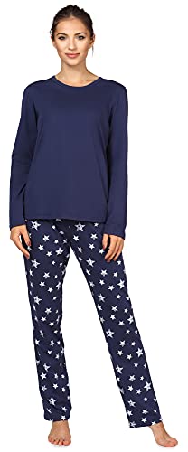 Bellivalini Damen Schlafanzug lang Pyjama Langarm Lange Hose Rundhalsausschnitt Muster Sterne bunt BLV50-167(Marineblau Marineblau Sterne, S) von Bellivalini