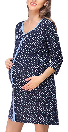 Bellivalini Damen Umstands Nachthemd 3/4 Arm mit Stillfunktion BLV50-115 (BlauSterne (Marineblau), S) von Bellivalini