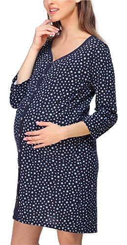 Bellivalini Damen Umstands Nachthemd 3/4 Arm mit Stillfunktion BLV50-115 (BlauSterne (Marineblau)-2, S) von Bellivalini