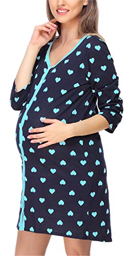 Bellivalini Damen Umstands Nachthemd 3/4 Arm mit Stillfunktion BLV50-115 (TürkisHerzen (Marineblau), XXL) von Bellivalini