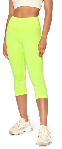 Bellivalini Neon Leggings Damen High Waist 3/4, Gym Leggings Damen, Knallige Hosen Damen ideal als Festival Outfit Damen oder Teil von einem 80er Jahre Outfit Damen BLV50-298 (Neon Gelb, L) von Bellivalini