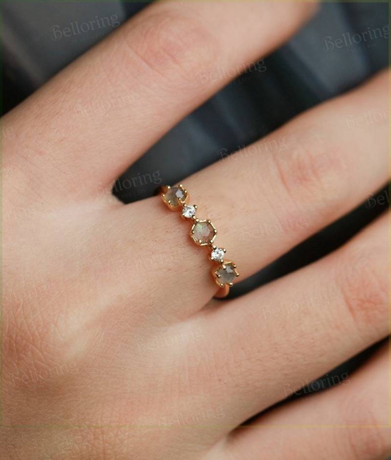 Art Deco Labradorit Verlobungsring Gelbgold Hochzeit Ring Vintage Sechseck Sechskant Ehering Verlobung von Belloring