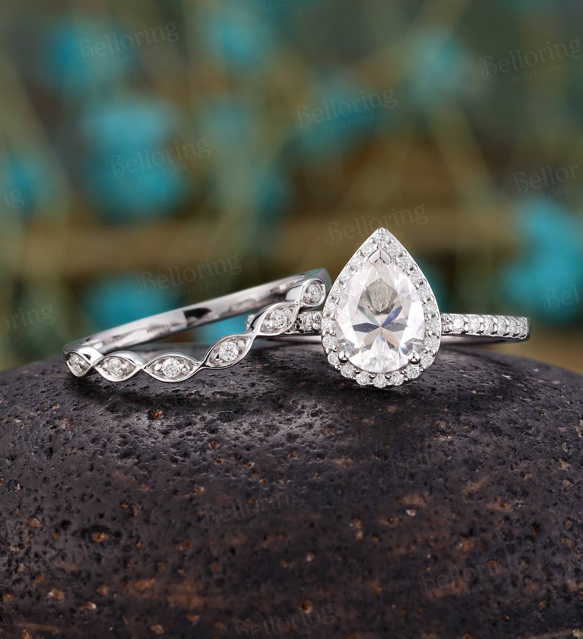 Birnenförmige Moissanite Verlobungsring Art Deco Diamant Halo Ringe Weißgold Milgrain Ring Vintage Jubiläum Versprechen Braut Set von Belloring