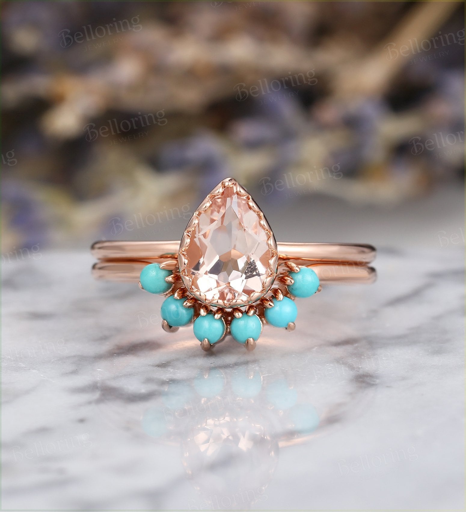 Birnenförmige Morganit Verlobungsring Set, Vintage Rose Gold Türkis Gebogene Eheringe, Antikes Braut Jubiläumsversprechen Ring von Belloring