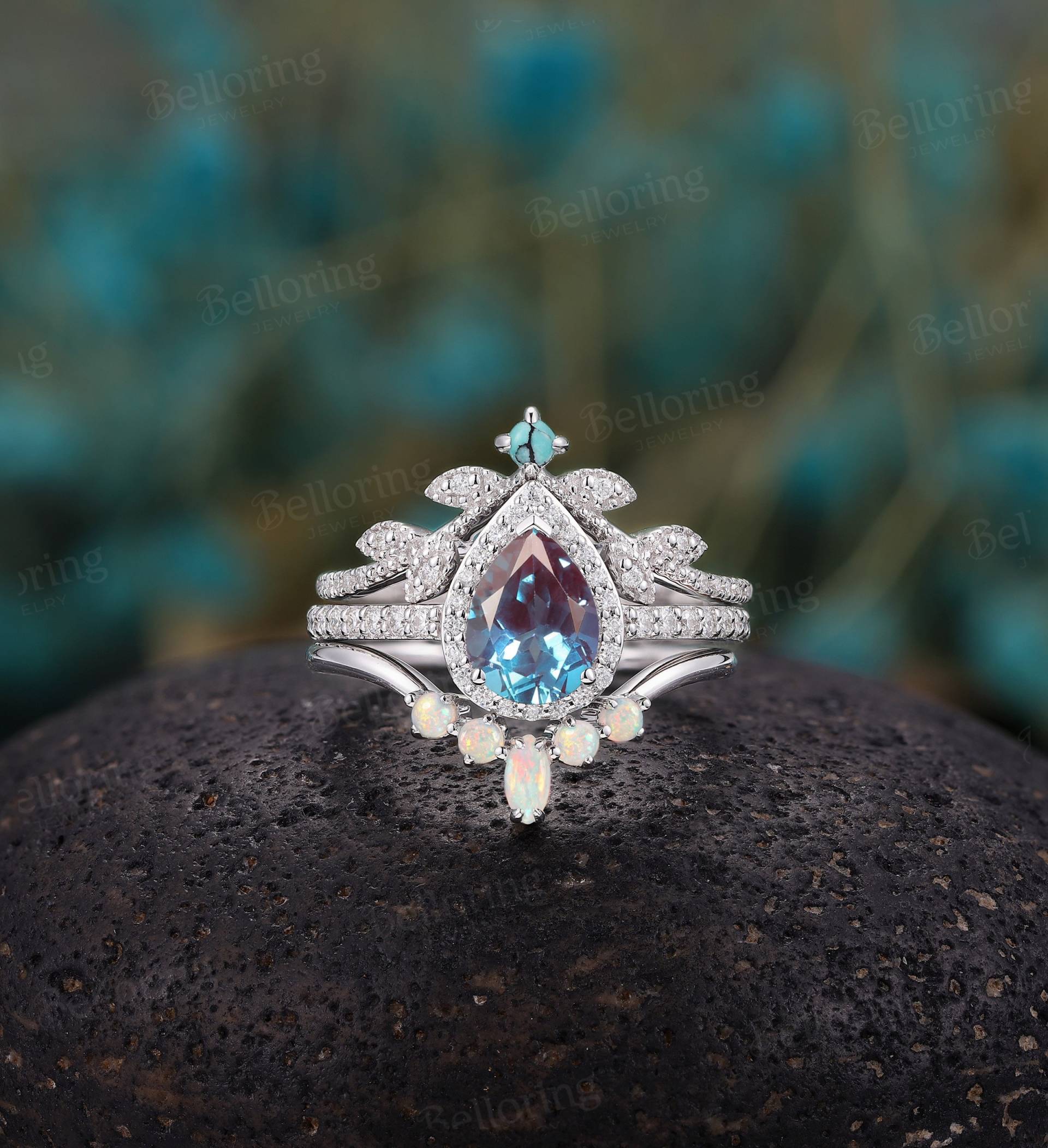 Birnenförmiger Alexandrit Verlobungsring Set Art Deco Moissanit/Diamant Heiligenschein Ringe Vintage Marquise Opal Türkis Ehering Braut Set von Belloring