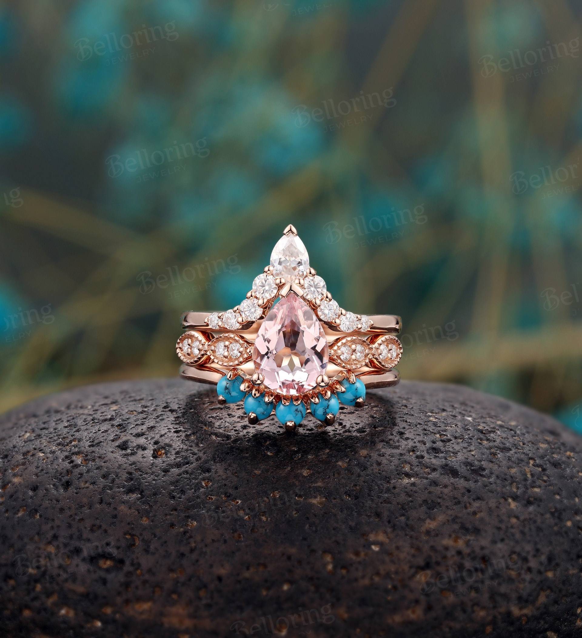 Birnenförmiger Morganit Verlobungsring Set Art Deco Moissanite Diamant Ringe Vintage Rosegold Türkis Hochzeitsring Jubiläumsring von Belloring