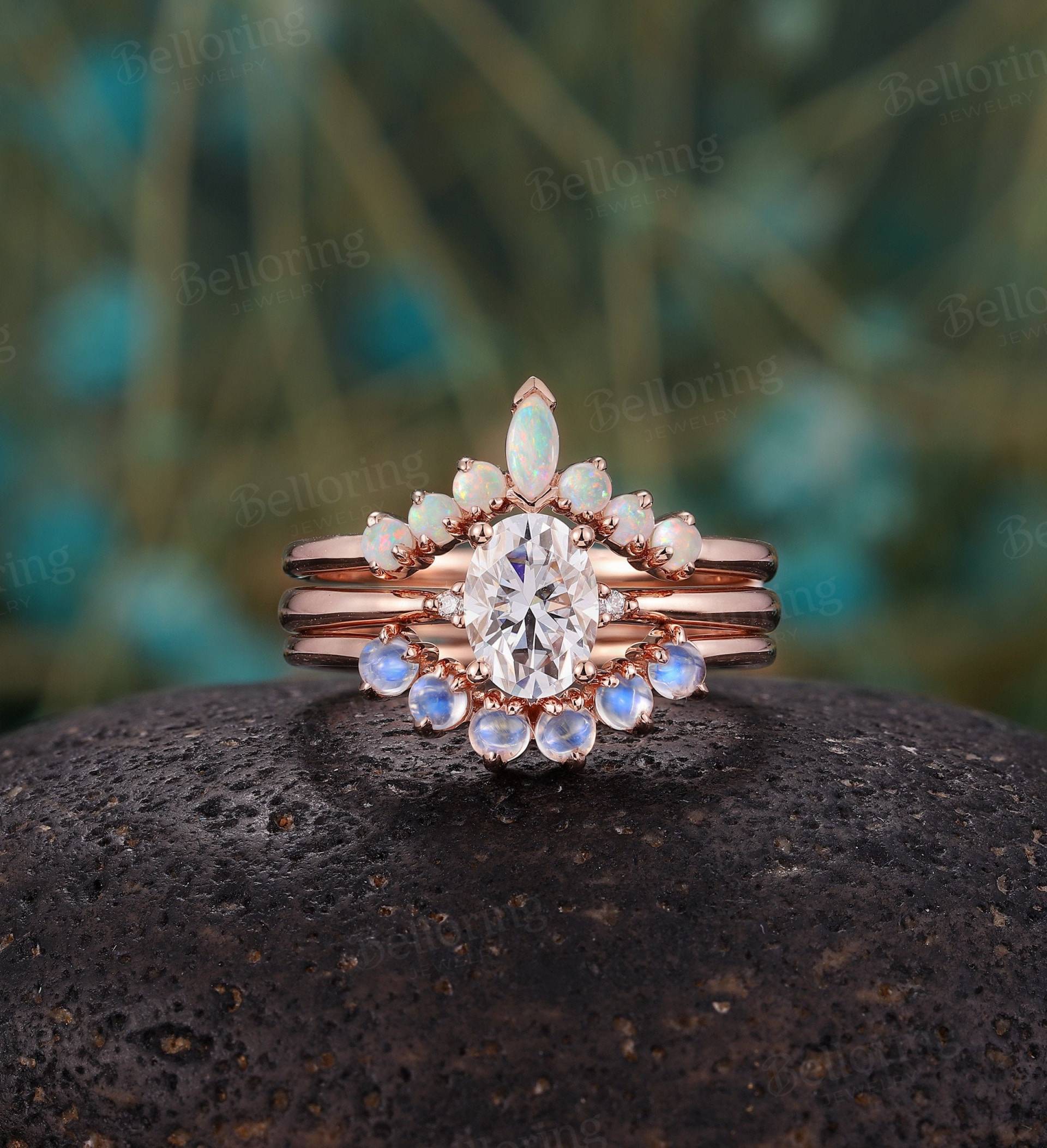 Oval Moissanite Verlobungsring Set Vintage Rosegold Marquise Opal Ringe Mondstein Geschwungener Ehering Antik Jubiläum Braut von Belloring