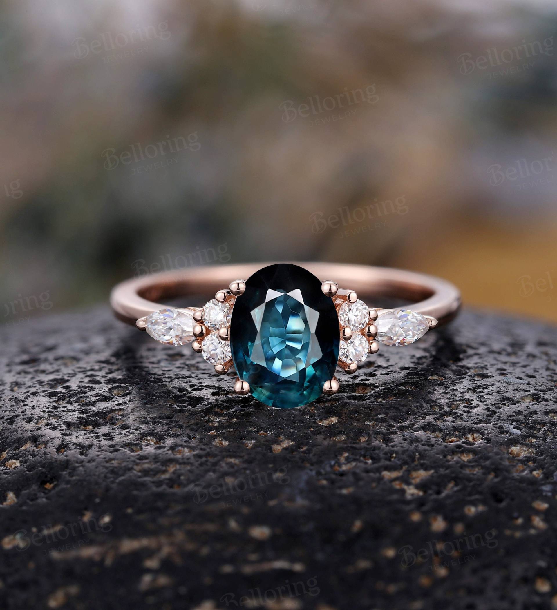 Oval Petrol Saphir Verlobungsring Art Deco Moissanit Ringe Vintage Marquise Diamant Ring Unikat 14K Rosegold Versprechen Jahrestag von Belloring