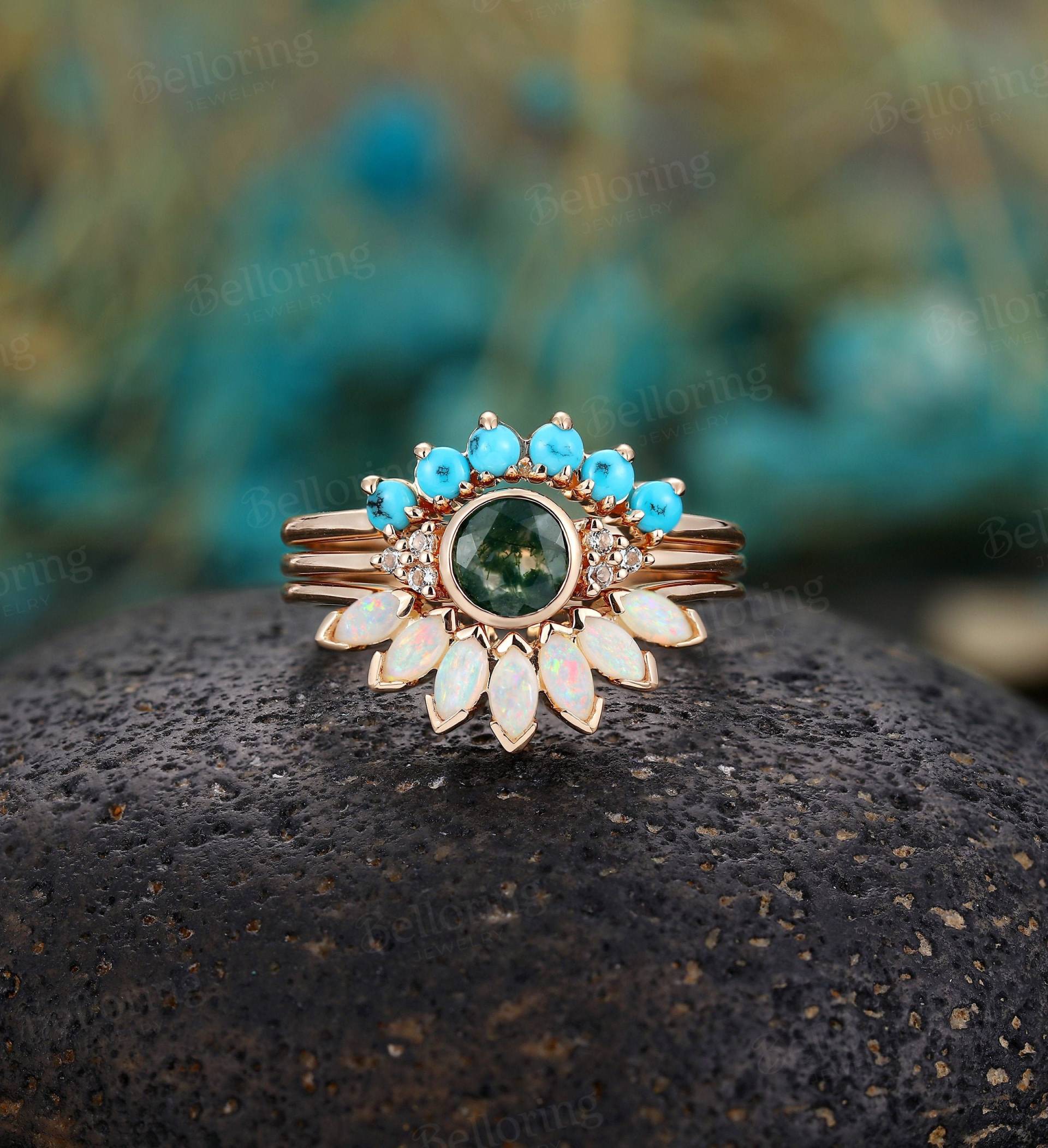Runde Moosachat Verlobungsring Set Vintage Marquise Opal Trauringe Art Deco Türkis Ring Lünette Hochzeitstag Hochzeitsschmuck Runde Moosachat Verlobungsring Set Vintage Marquise Opal Trauringe Art Deco Türkis Ring Lünette Hochzeitstag Hochzeitsschmuck von Belloring