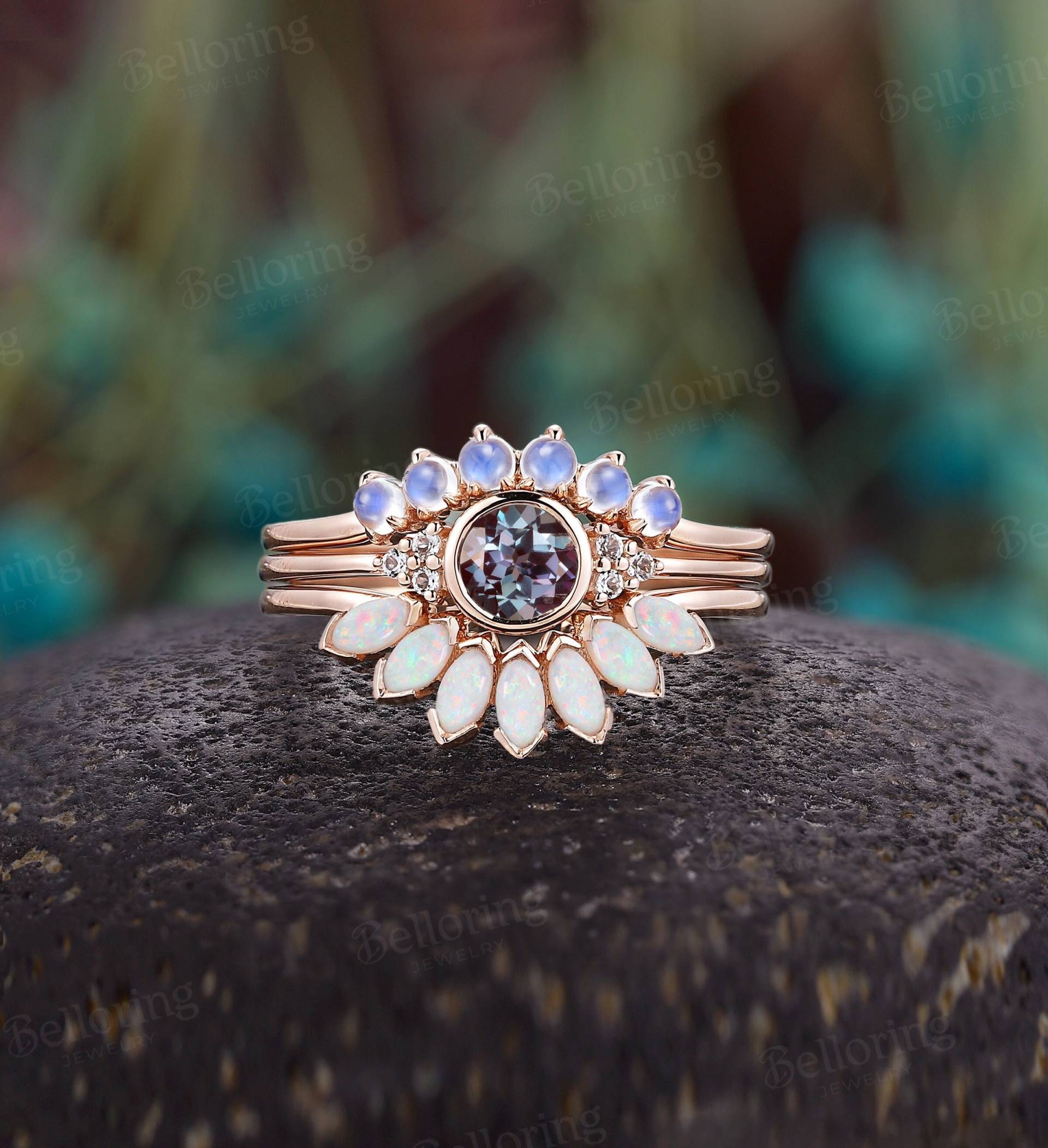 Runder Lab Alexandrit Verlobungsring Rosegold Brautring Cluster Himmel Blautopas Ring Marquise Natürlicher Opal Blauer Mondstein Band von Belloring