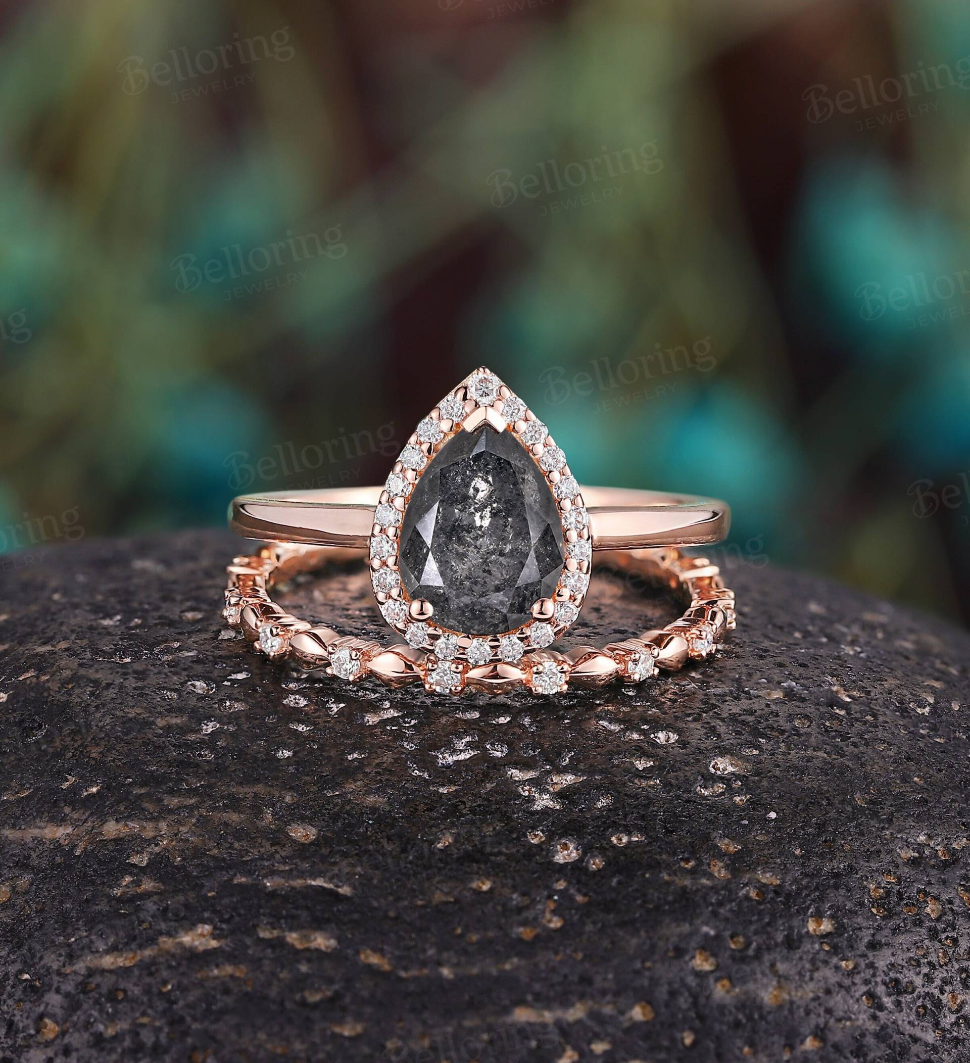 Salz Und Pfeffer Diamant Verlobung Ring-Set Rosegold Birnenförmig Halo Ringe Art-Deco Moissanit Einzigartiges Jubiläum Braut-Set von Belloring