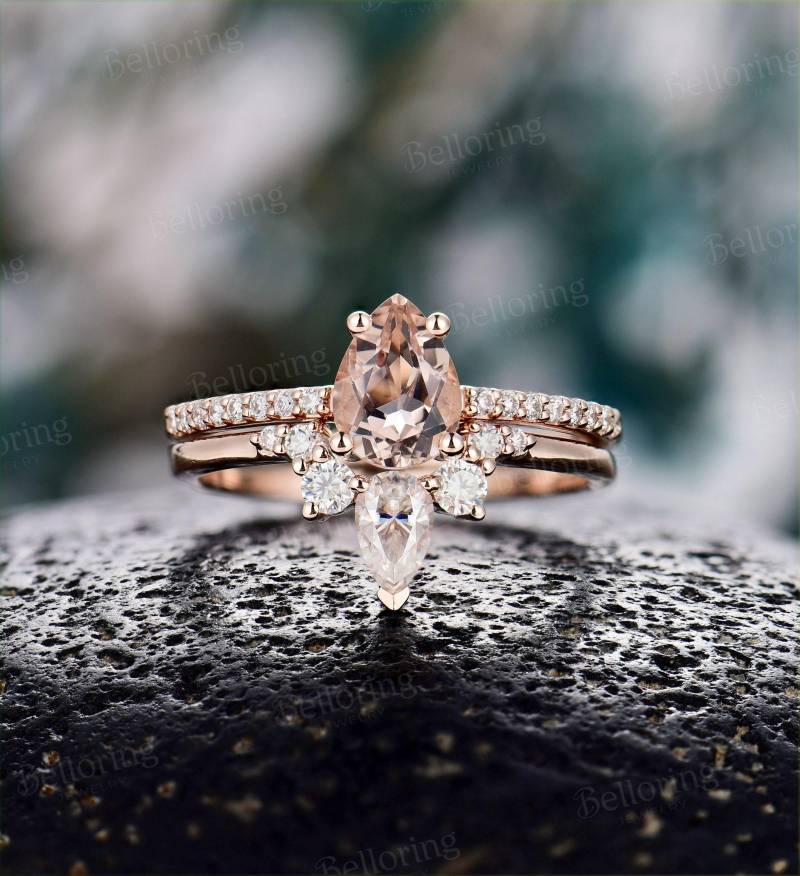 Tropfenförmigem Morganit Verlobungsring Trauzeugin Schmuckset Antik Vintage Moissanite Halbe Eternity Ringe Roségold Tropfenförmig von Belloring