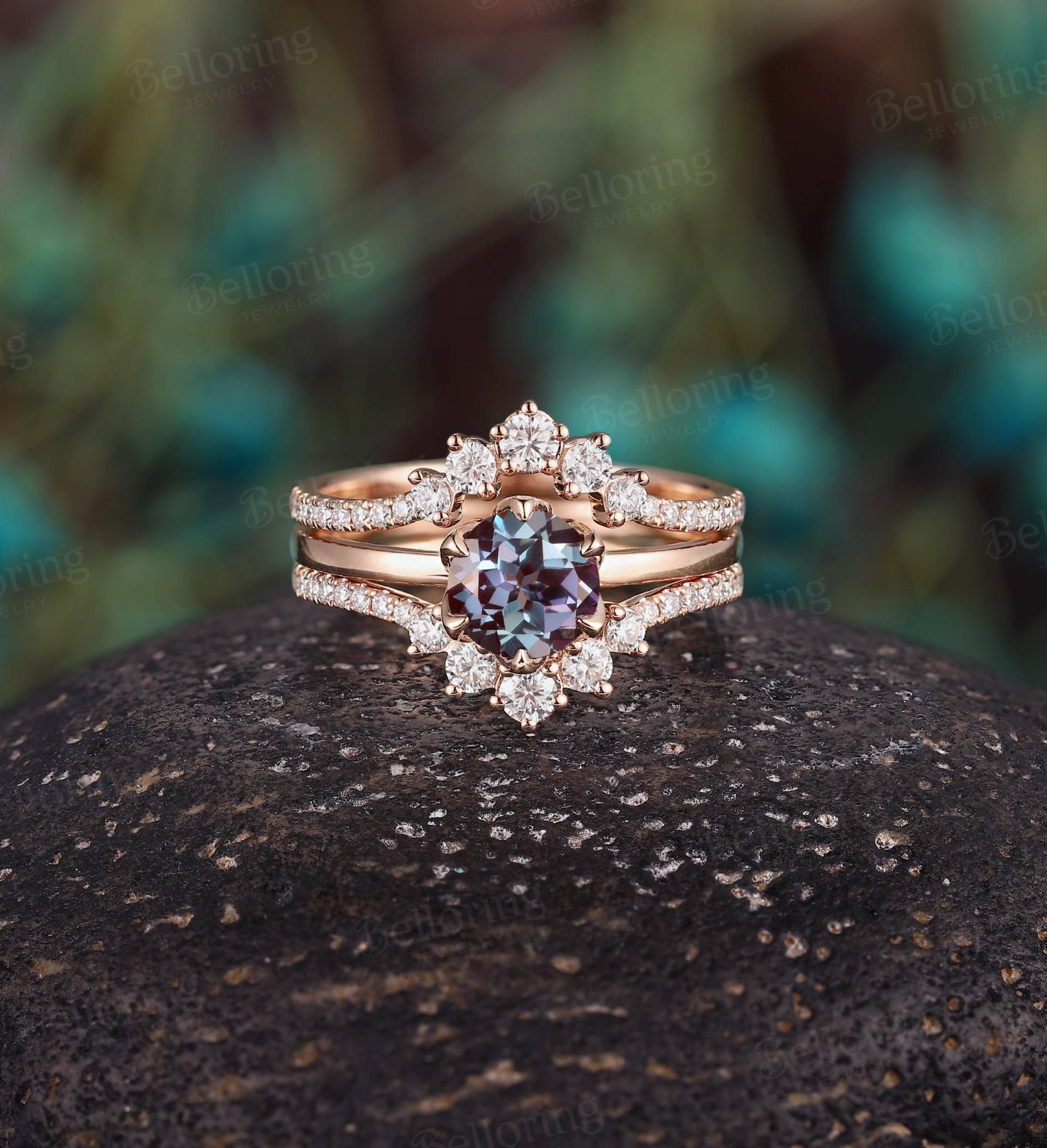 Vintage Alexandrit Verlobungsring Set Rose Gold Moissanite/Diamant Ring Verstärker Krappen Antik Einzigartig Jubiläum Versprechen Braut von Belloring