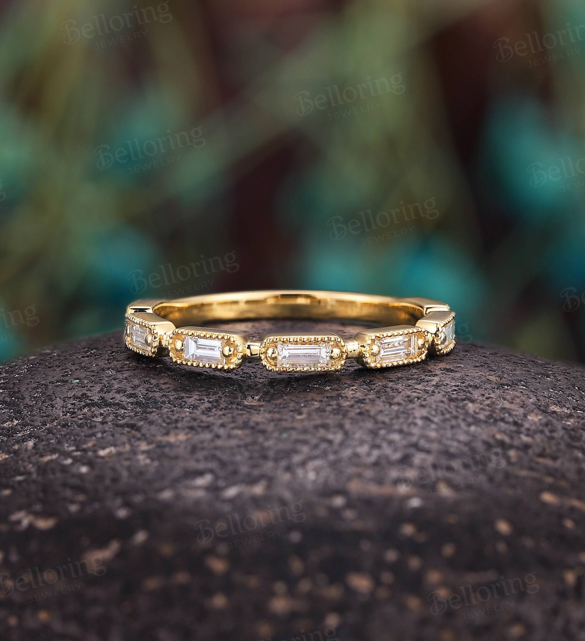 Vintage Baguette Diamant Ehering Rosegold Milgrain Band Art Deco Unikat Halbe Ewigkeit Versprechen Jubiläum Ring von Belloring