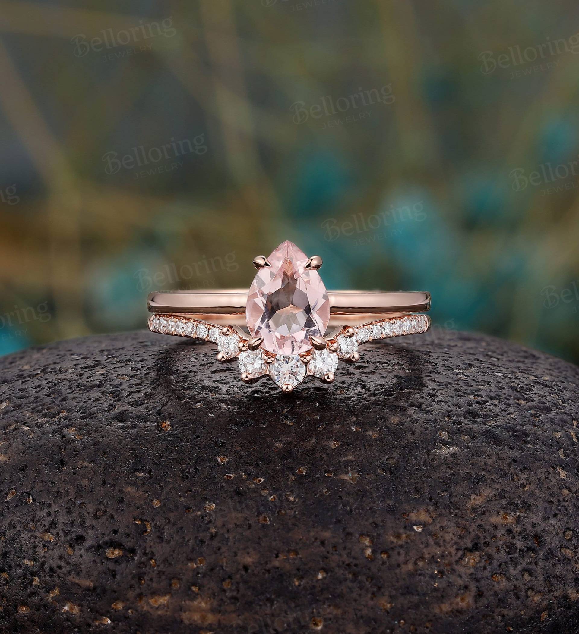 Vintage Birnenförmige Morganit Verlobungsring Set Einzigartige Moissanite Diamant Ring Rosegold An Deko Ringe Jubiläum Braut von Belloring