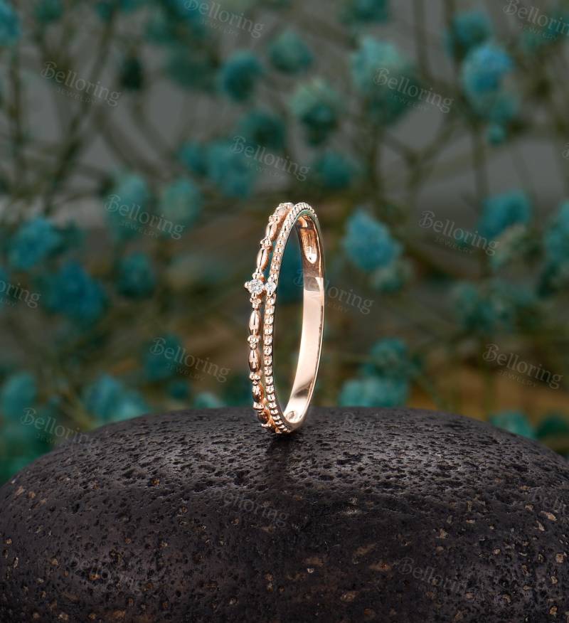 Vintage Diamant Ehering, Antike Halbe Eternity Stacking Band, Einzigartige 14K Rose Gold Matching Jubiläumsversprechen Ring Für Frauen von Belloring