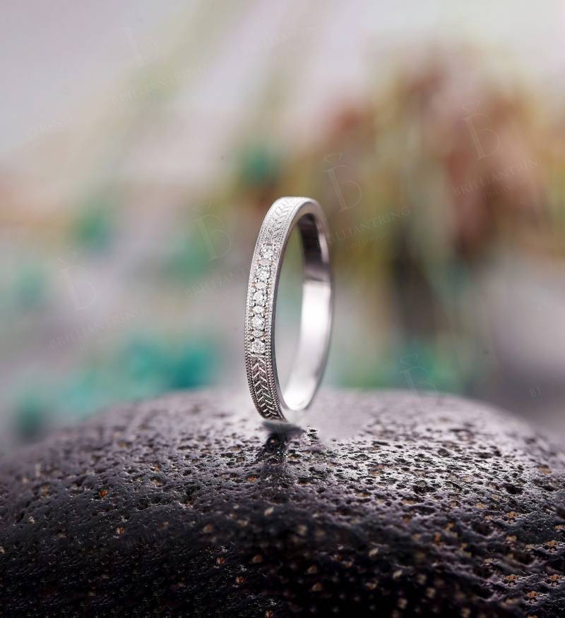 Vintage Diamant Trauringe Weißgold Unikat Ehering Zierlich Band 50Er 60Er 70Er Silber Ring von Belloring