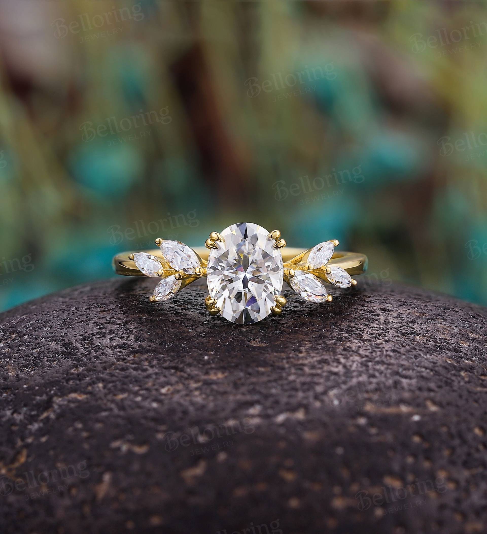 Vintage Oval Moissanite Verlobungsring Gelb Gold Marquise Diamant Ringe Antik Unikat Blatt Ring Krappen Set Jubiläum Versprechen von Belloring