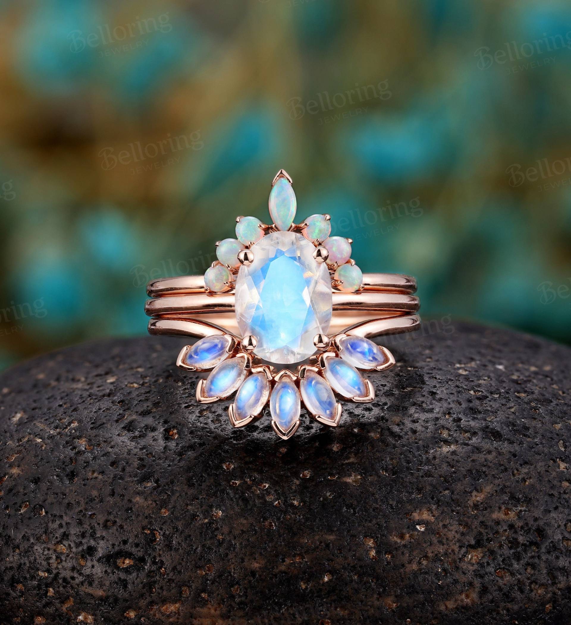 Vintage Oval Mondstein Verlobungsring Set Rosegold Marquise Opal Geschwungene Ringe Einzigartige Ehering Jubiläum Versprechen Braut von Belloring