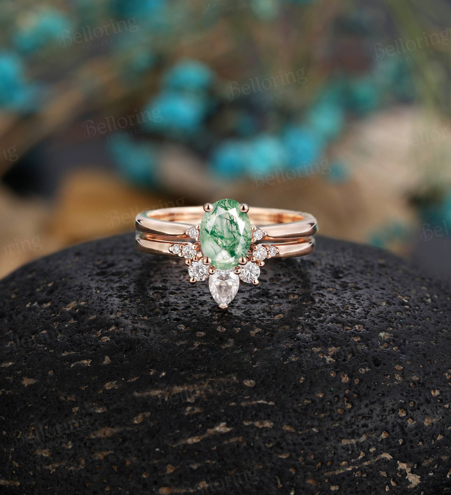 Vintage Oval Moosachat Verlobungsring Gelbgold Moissanite Brautringe Art-Deco-Perlenform Diamantring Jahrestag Brautring Vintage Oval Moosachat Verlobungsring Gelbgold Moissanite Brautringe Art-Deco-Perlenform Diamantring Jahrestag Brautring von Belloring