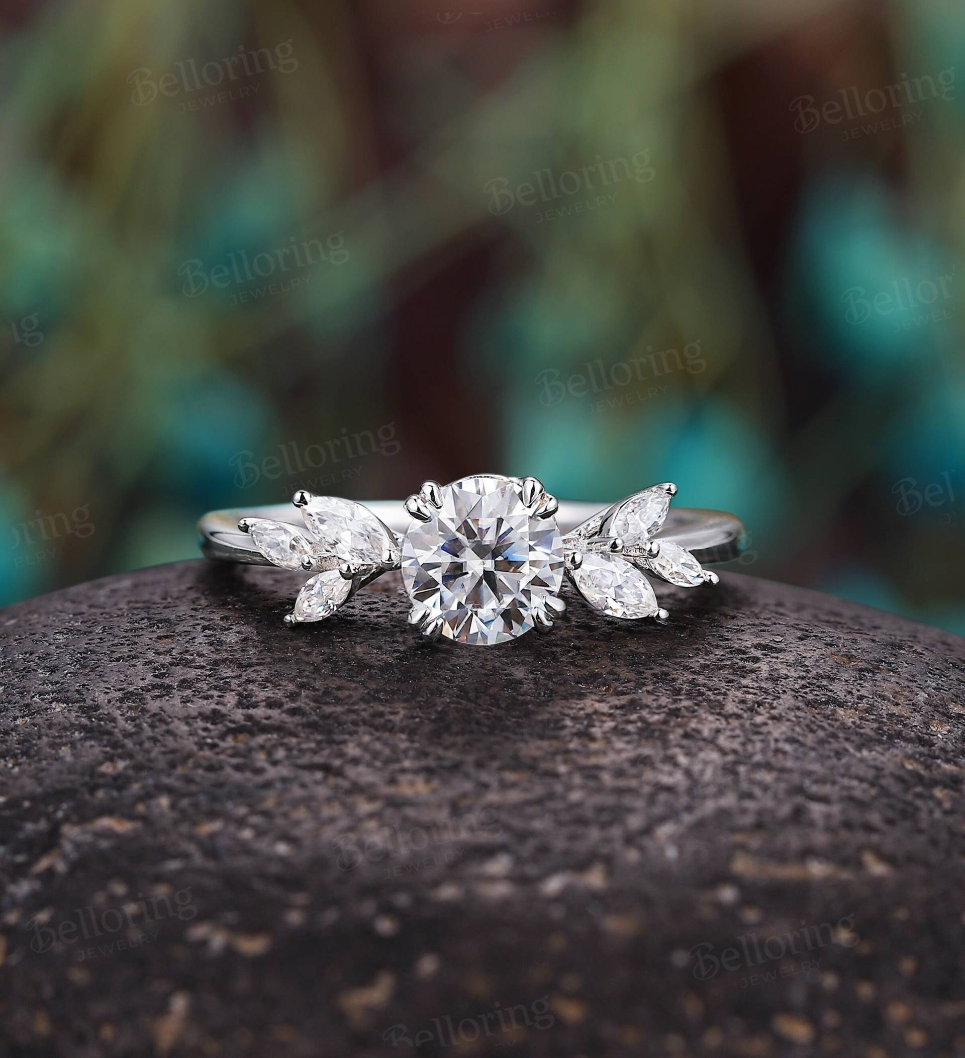 Vintage Runde Moissanite Verlobungsring Weißgold Marquise Diamant Ringe Antikes Einzigartiges Blatt Ring Prong Set Jahrestag Versprechen Vintage Runde Moissanite Verlobungsring Weißgold Marquise Diamant Ringe Antikes Einzigartiges Blatt Ring Prong Set Jahrestag Versprechen von Belloring