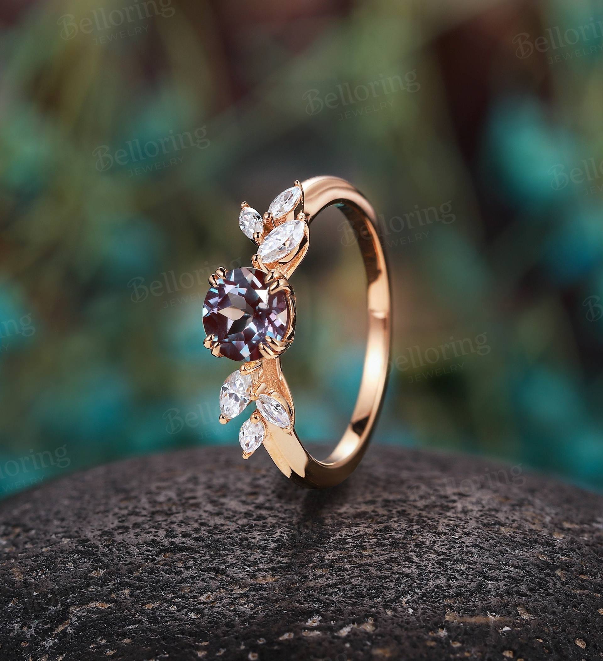 Vintage Runder Alexandrit Verlobungsring Rosegold Marquise Moissanit Diamant Ringe Antik Blatt Zacken Set Jahrestag von Belloring