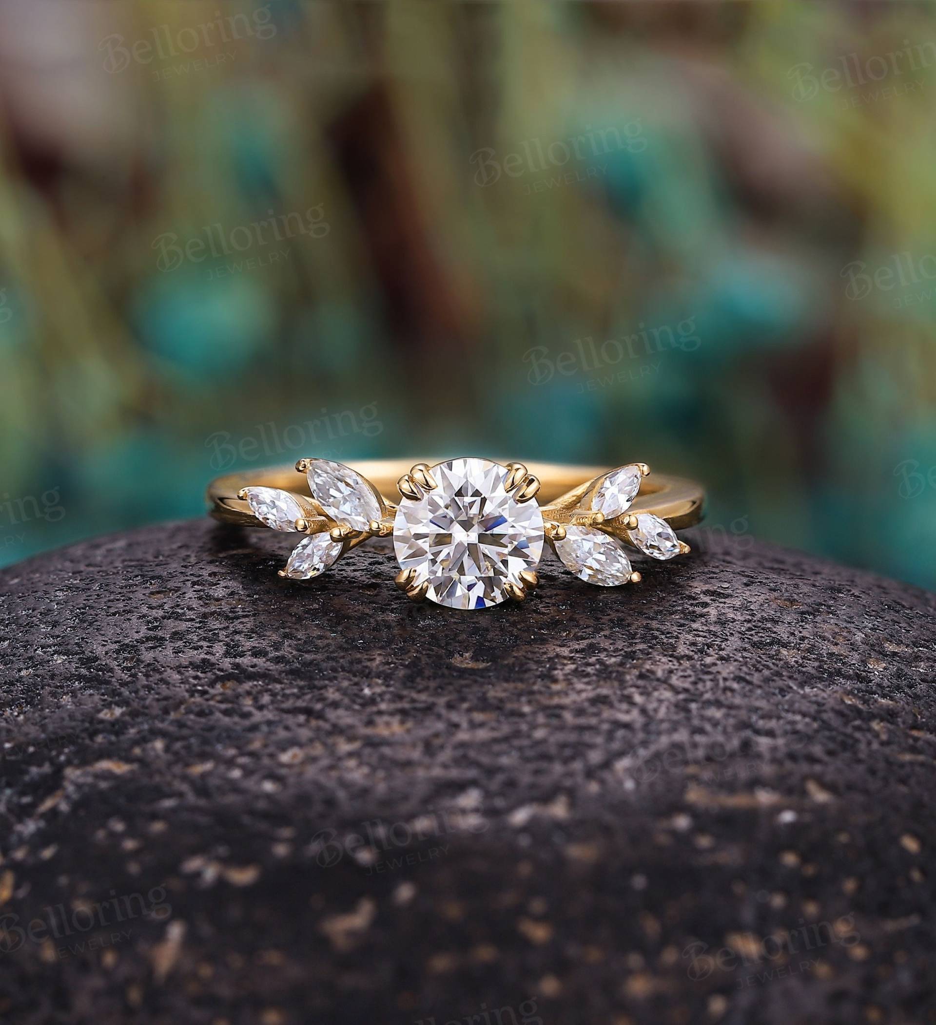 Vintage Runder Moissanite Verlobungsring Gelbgold Marquise Diamant Ringe Antik Blatt Ring Krappen Set Unikat Jubiläum Versprechen von Belloring