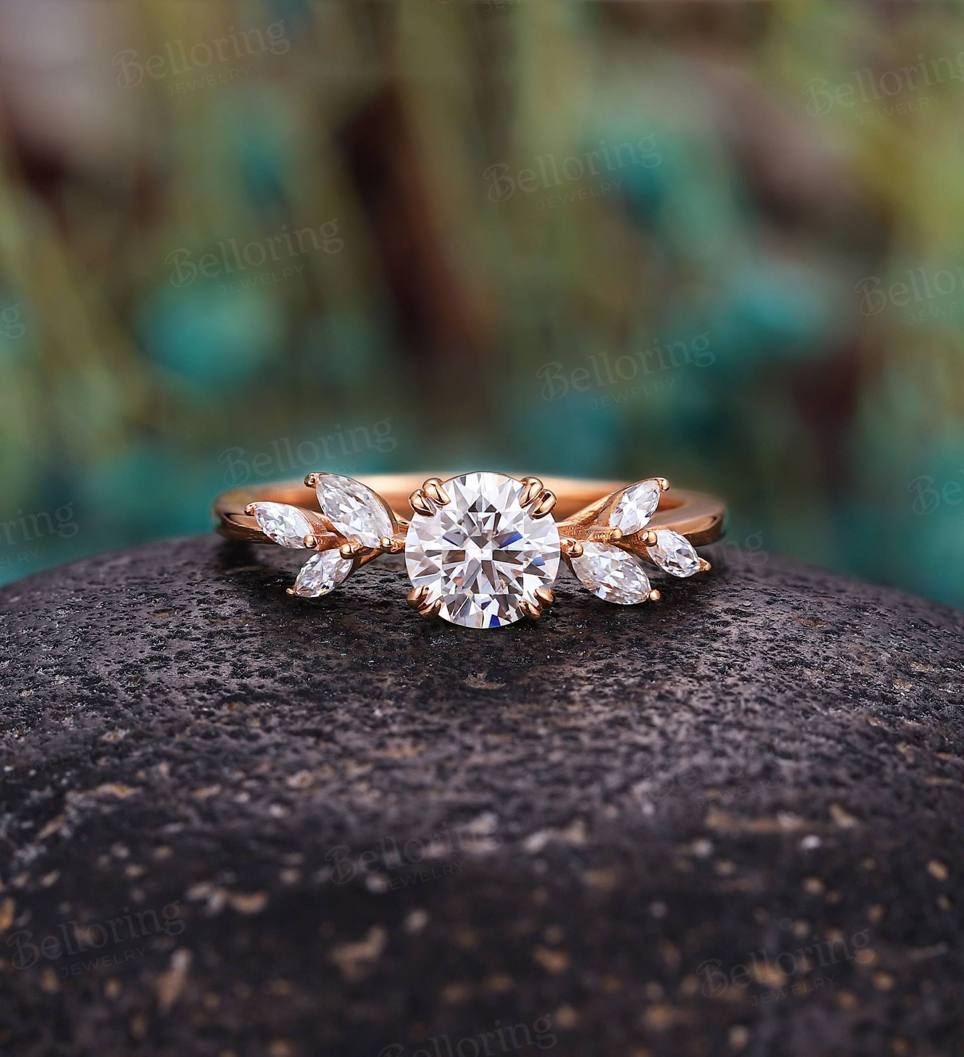 Vintage Runder Moissanite Verlobungsring Roségold Marquise Diamant Ringe Antik Unikat Blatt Ring Krappen Set Jubiläum Versprechen von Belloring