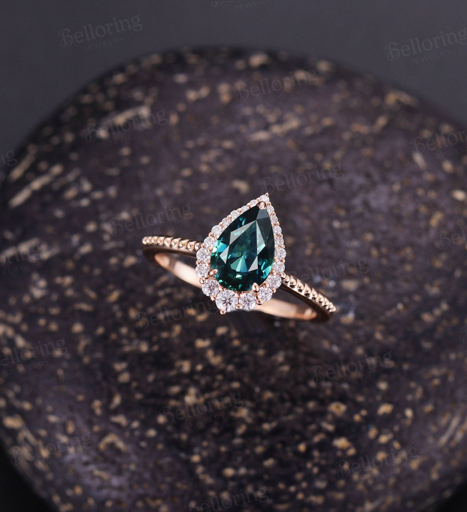 Vintage Teal Saphir Verlobungsring Art Deco Diamant Moissanit Heiligenschein Ringe Roségold Ehering Jahrestag Zarter Versprechen Ring von Belloring