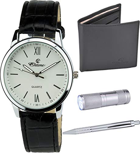 Geschenkset Herren armbanduhr- weiß - Taschenlampe LED - Brieftasche - Stift von BELLOS